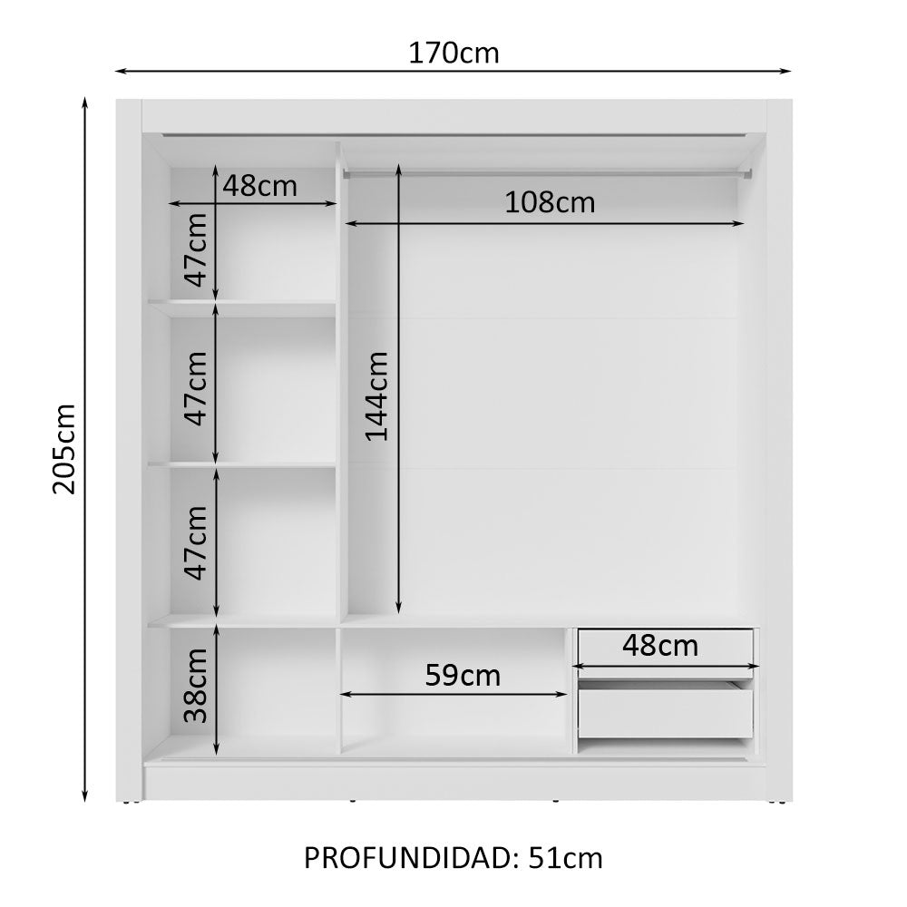 Placard Matrimonial 3 Puertas Corredizas 2 Cajones Blanco/Negro Sublime
