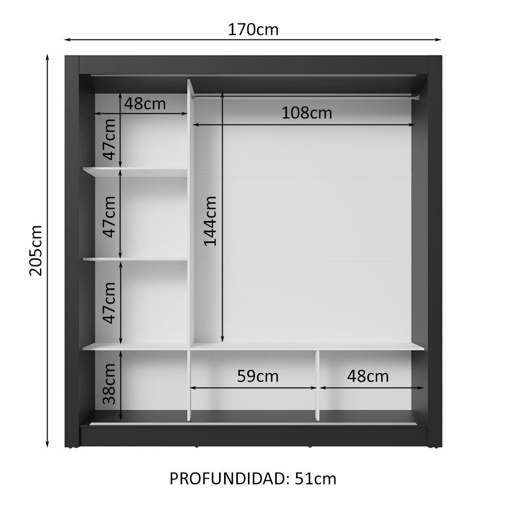 Placard Matrimonial 3 Puertas Corredizas con Espejos Negro Nobre