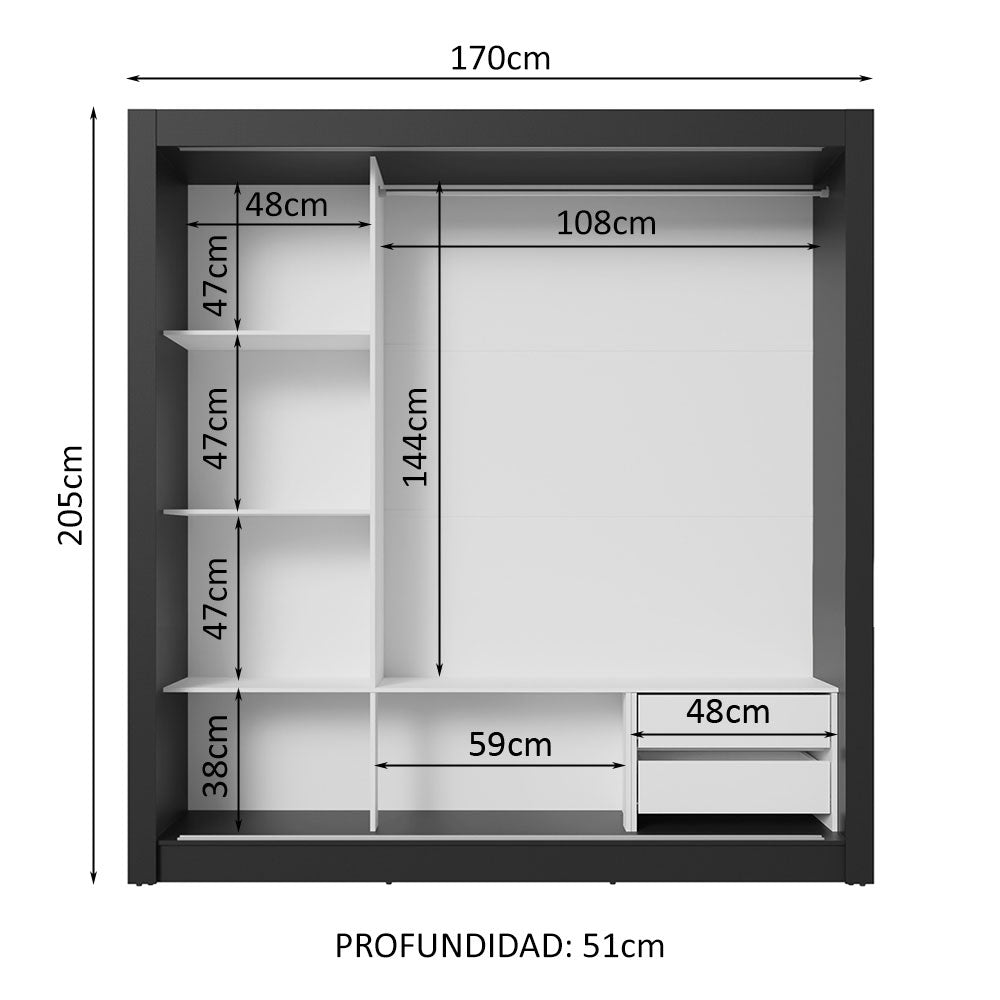 Placard Matrimonial 3 Puertas Corredizas de Espejo 2 Cajones Negro Sublime
