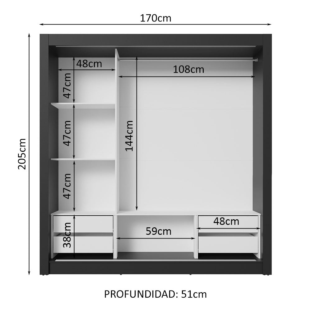 Placard Matrimonial 3 Puertas Corredizas de Espejo 4 Cajones Negro Sublime Plus
