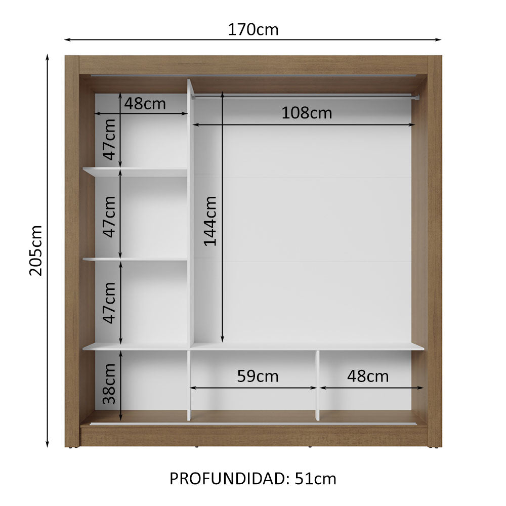 Placard Matrimonial 3 Puertas Corredizas con Espejo Marrón/Gris Nobre