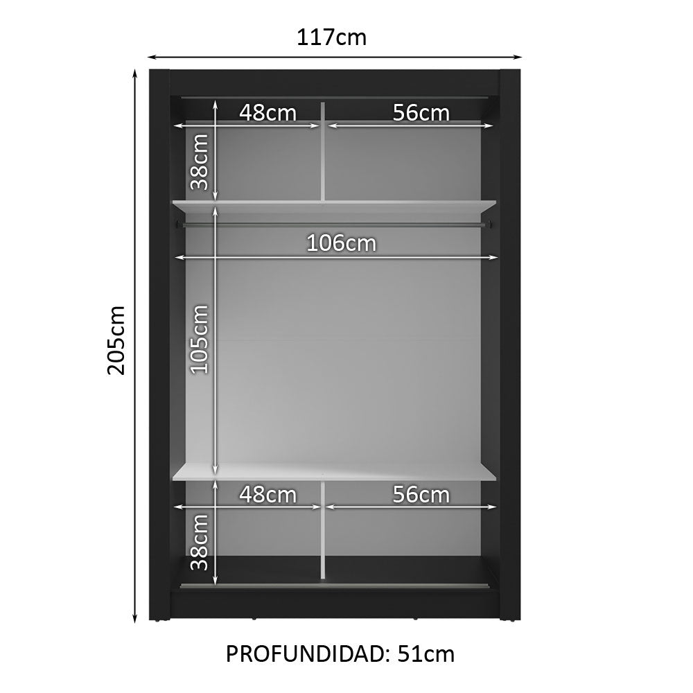 Placard individual 2 Puertas corredizas con Espejo Negro Milano Madesa