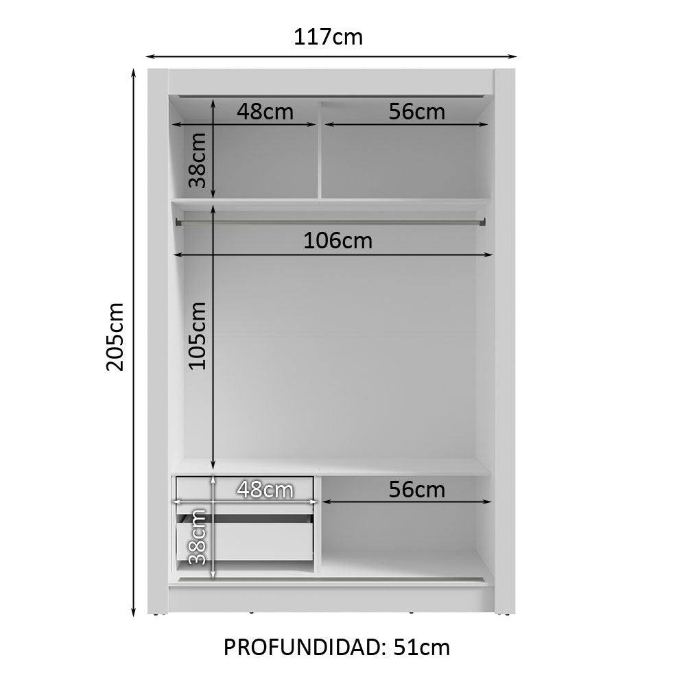 Placard Soltero 2 Puertas Corredizas con Espejo 2 Cajones Blanco/Marrón Vivare