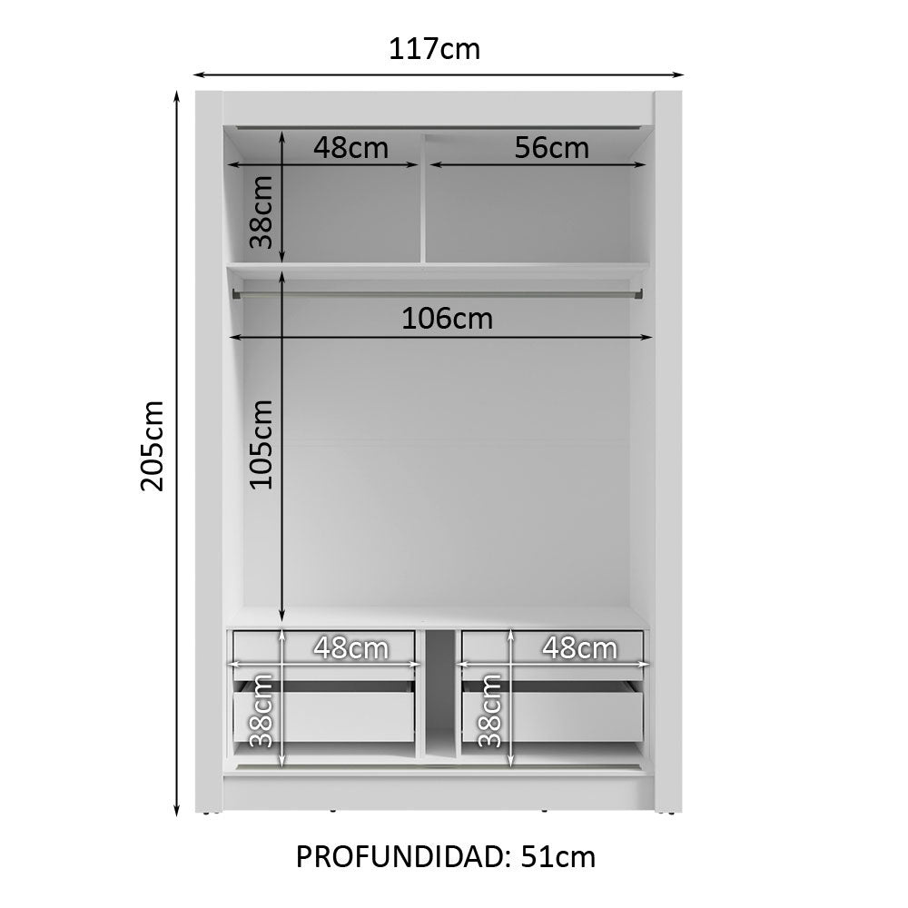 Placard Soltero 2 Puertas Corredizas 4 Cajones Blanco/Gris Vivare Plus