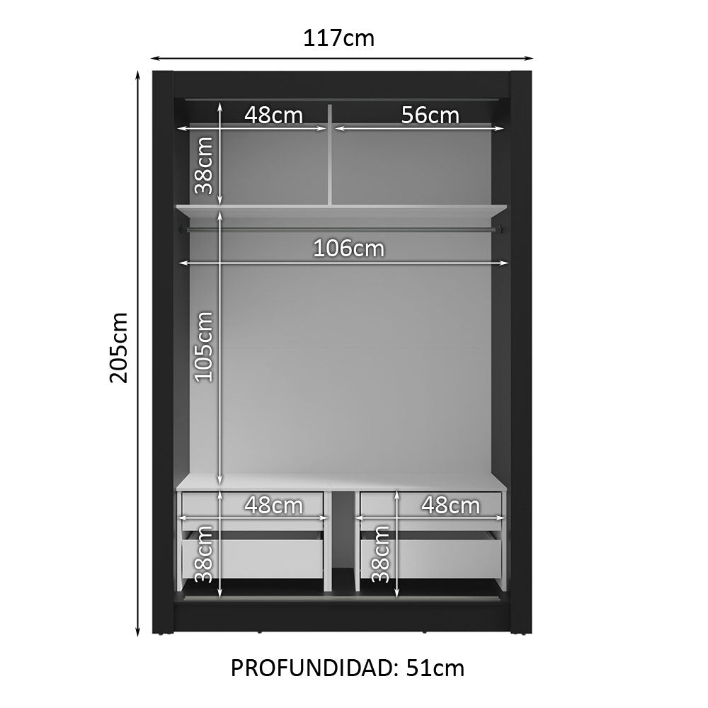 Placard Soltero 2 Puertas Corredizas 4 Cajones Negro/Gris Vivare Plus