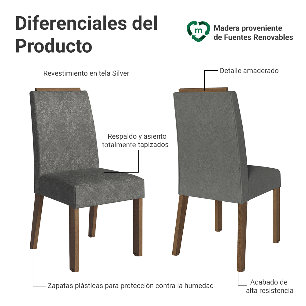 Juego de 4 Sillas 4255 con Detalle Madera Marrón/Silver
