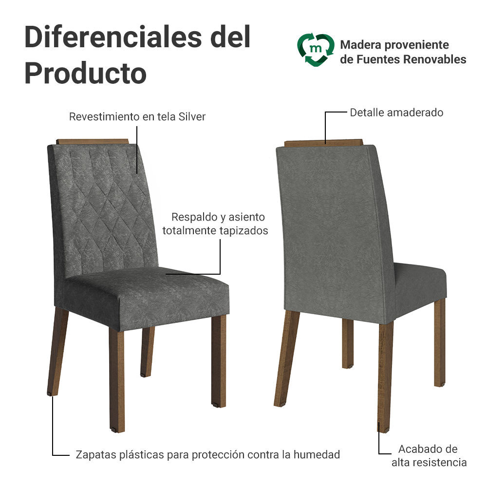 Juego de 4 Sillas 4256 con Detalle Madera Marrón/Silver