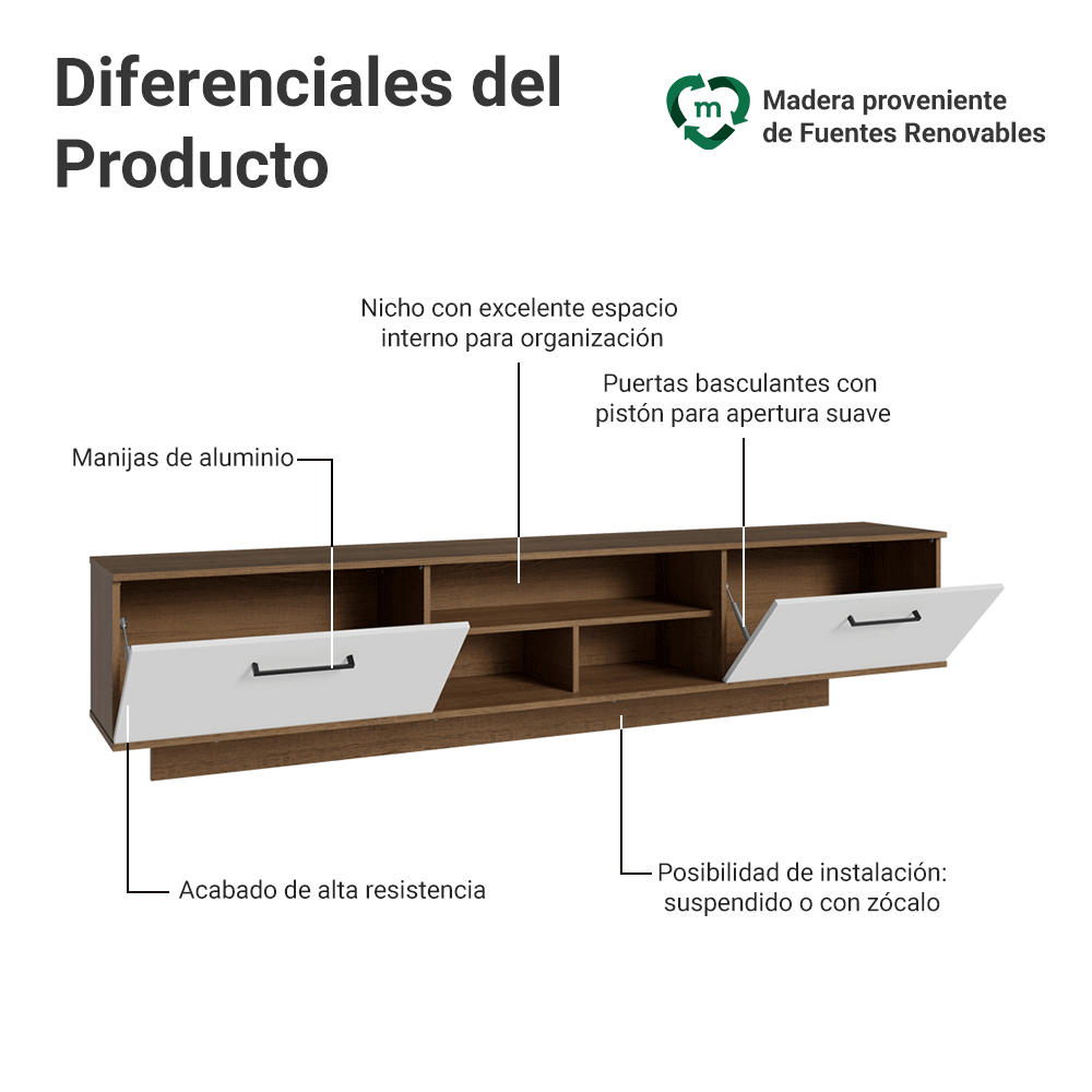 Rack Flotante para TV hasta 80 Pulgadas 218 cm 2 Puertas Marrón/Blanco Agata Madesa