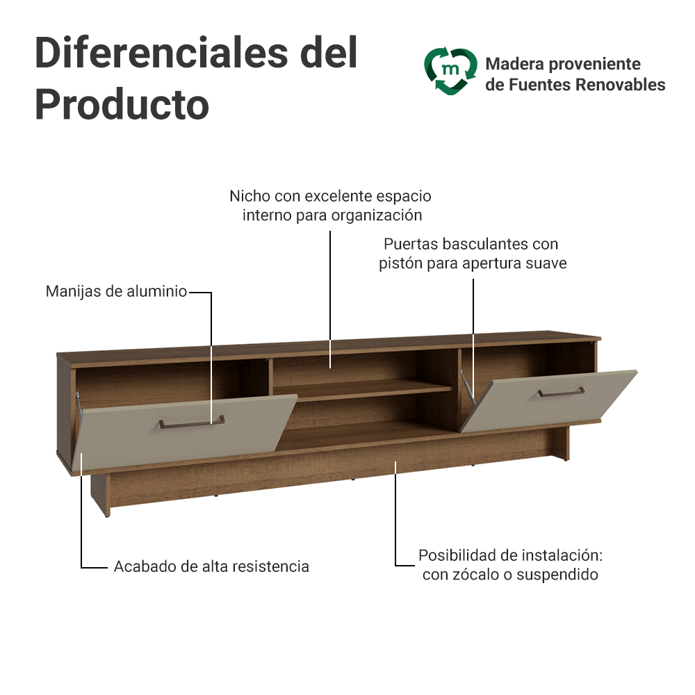 Rack para TV hasta 80 Pulgadas 218 cm 2 Puertas Marrón/Crema Agata Madesa