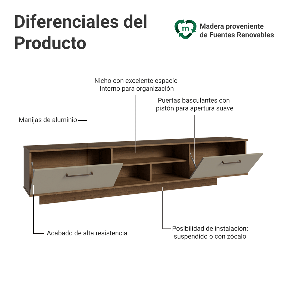 Rack Flotante para TV hasta 80 Pulgadas 218 cm 2 Puertas Marrón/Crema Agata Madesa
