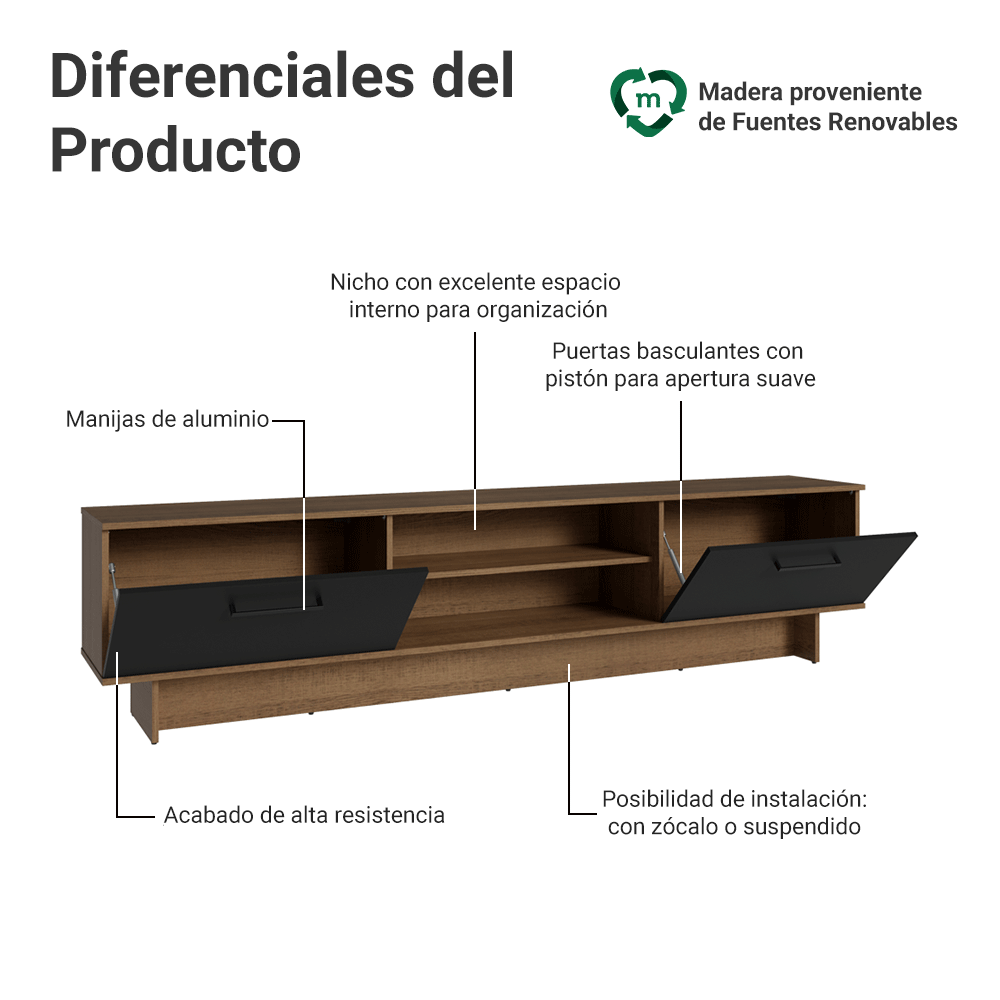 Rack para TV hasta 80 Pulgadas 218 cm 2 Puertas Marrón/Negro Agata Madesa