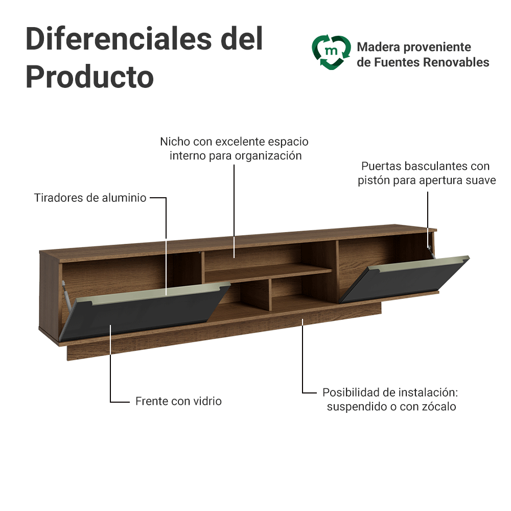 Rack Flotante para TV hasta 80 Pulgadas 218 cm 2 Puertas Marrón/Negro Lux Madesa
