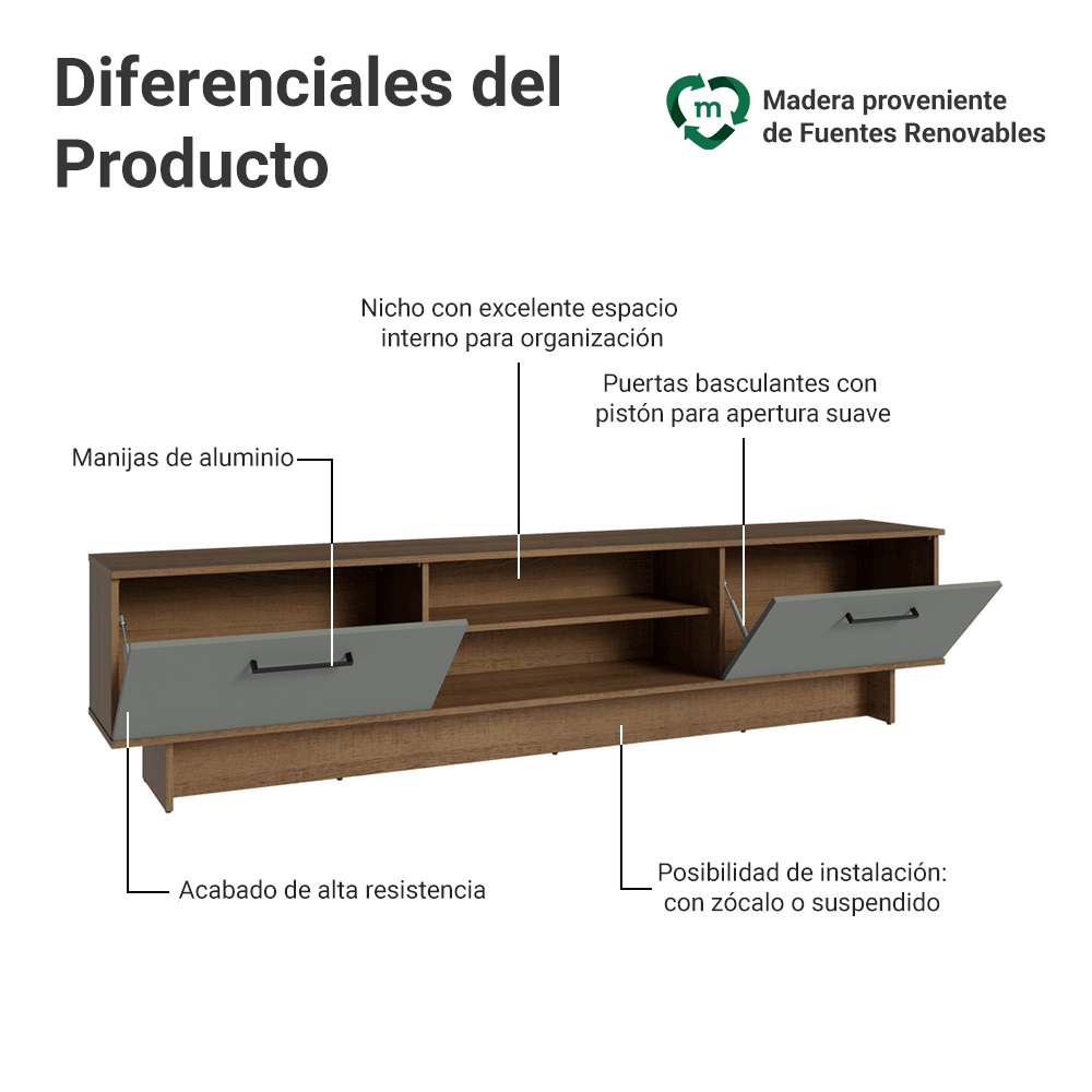Rack para TV hasta 80 Pulgadas 218 cm 2 Puertas Marrón/Gris Agata Madesa
