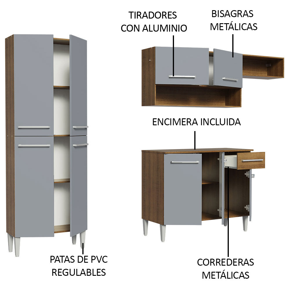 Combo completo de Cocina 229 cm 1 Cajón 9 Puertas Emilly Marrón/Gris