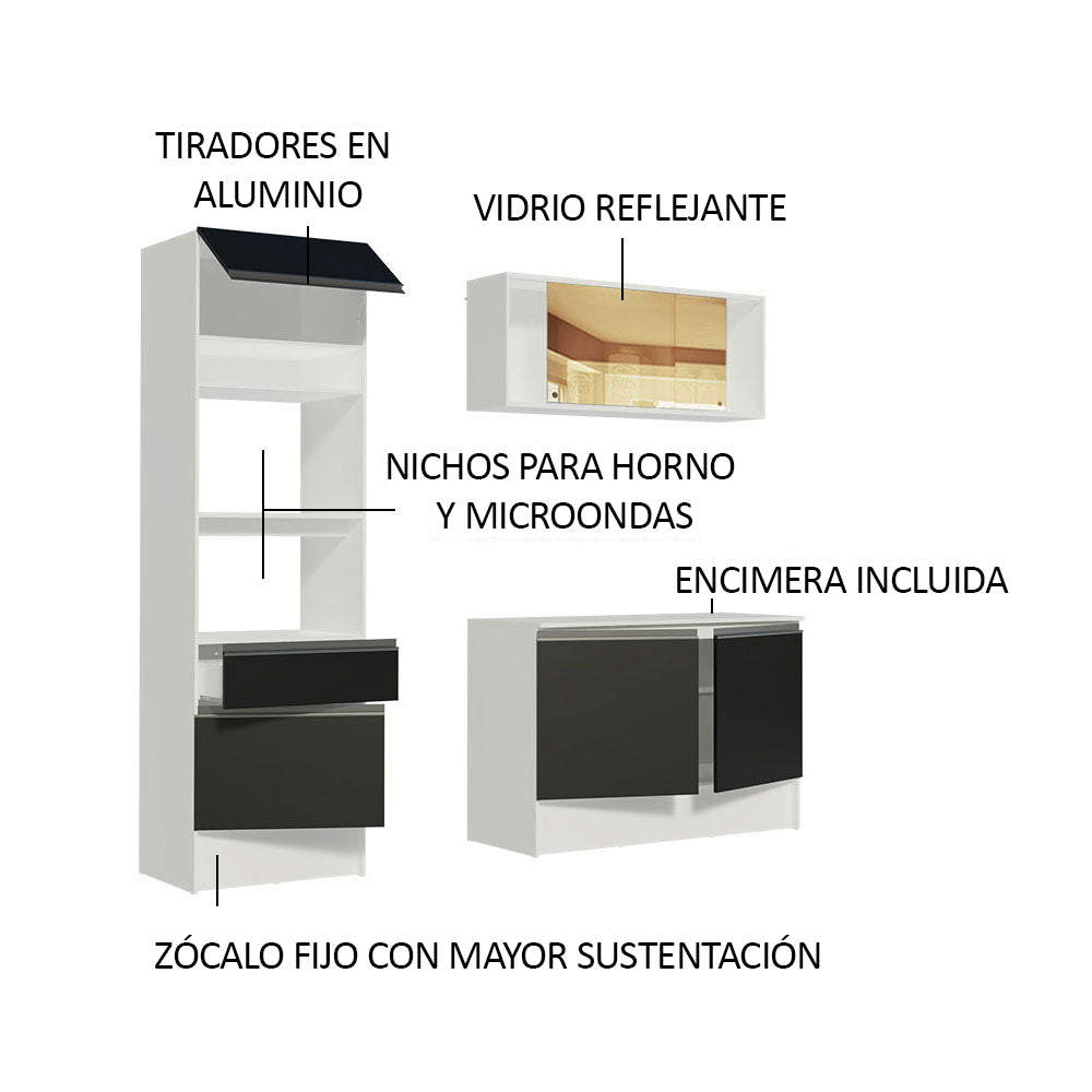 Cocina Compacta 180 cm Blanco/Negro Diamante Madesa 86