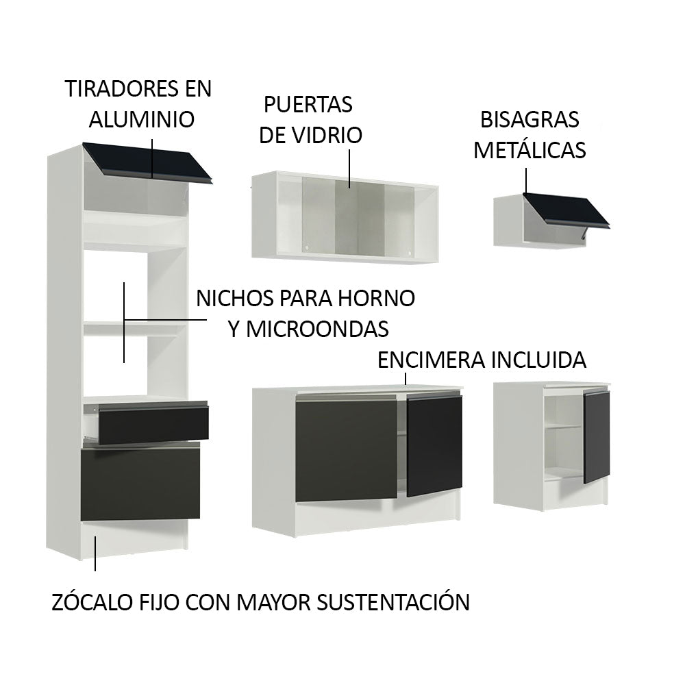 Combo Completo de Cocina 240 cm Blanco/Negro Topazio Madesa