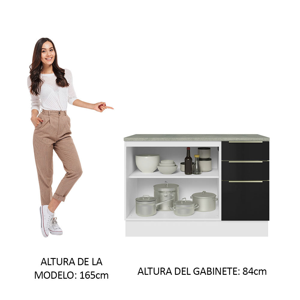 Bajo Mesada Cocina 120 cm x 60 cm, 2 Puertas 3 Cajones (Con Mesada) Lux Blanco/Negro
