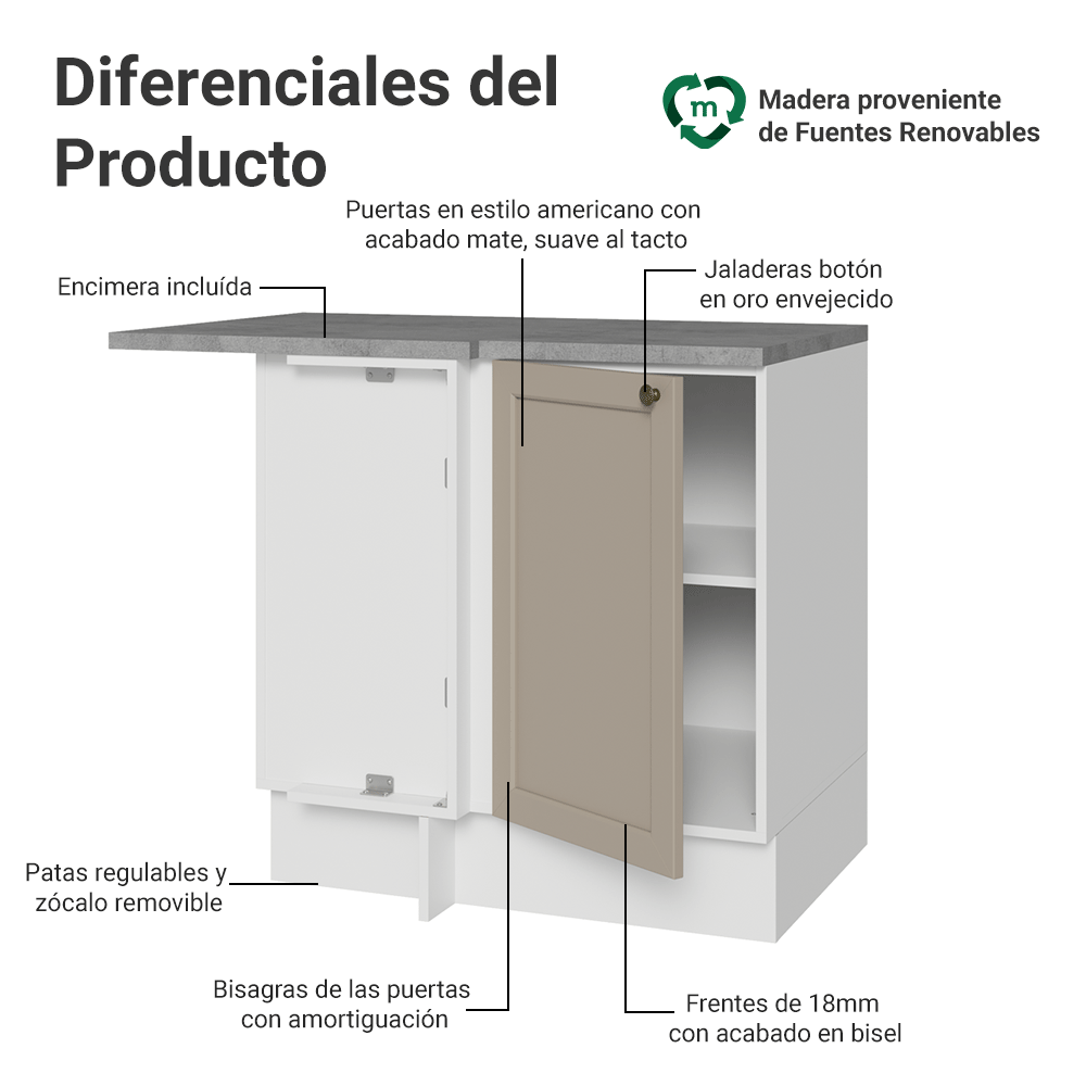 Bajo Mesada Esquinero para Línea de 60 cm Profundidad (Con Mesada) Blanco/Crema Vik Madesa