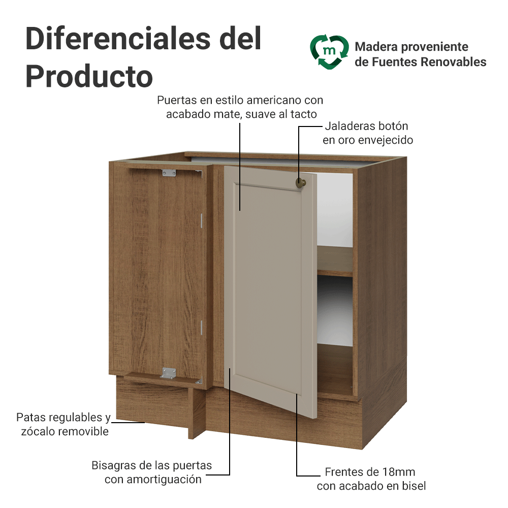 Bajo Mesada Esquinero para Línea de 60 cm Profundidad (Sin Mesada) Marrón/Crema Vik Madesa