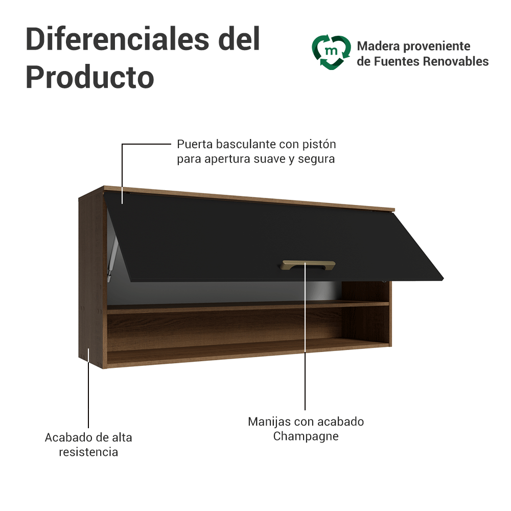 Alacena 105 cm 1 Puerta Rebatible Marrón/Negro Lille Madesa