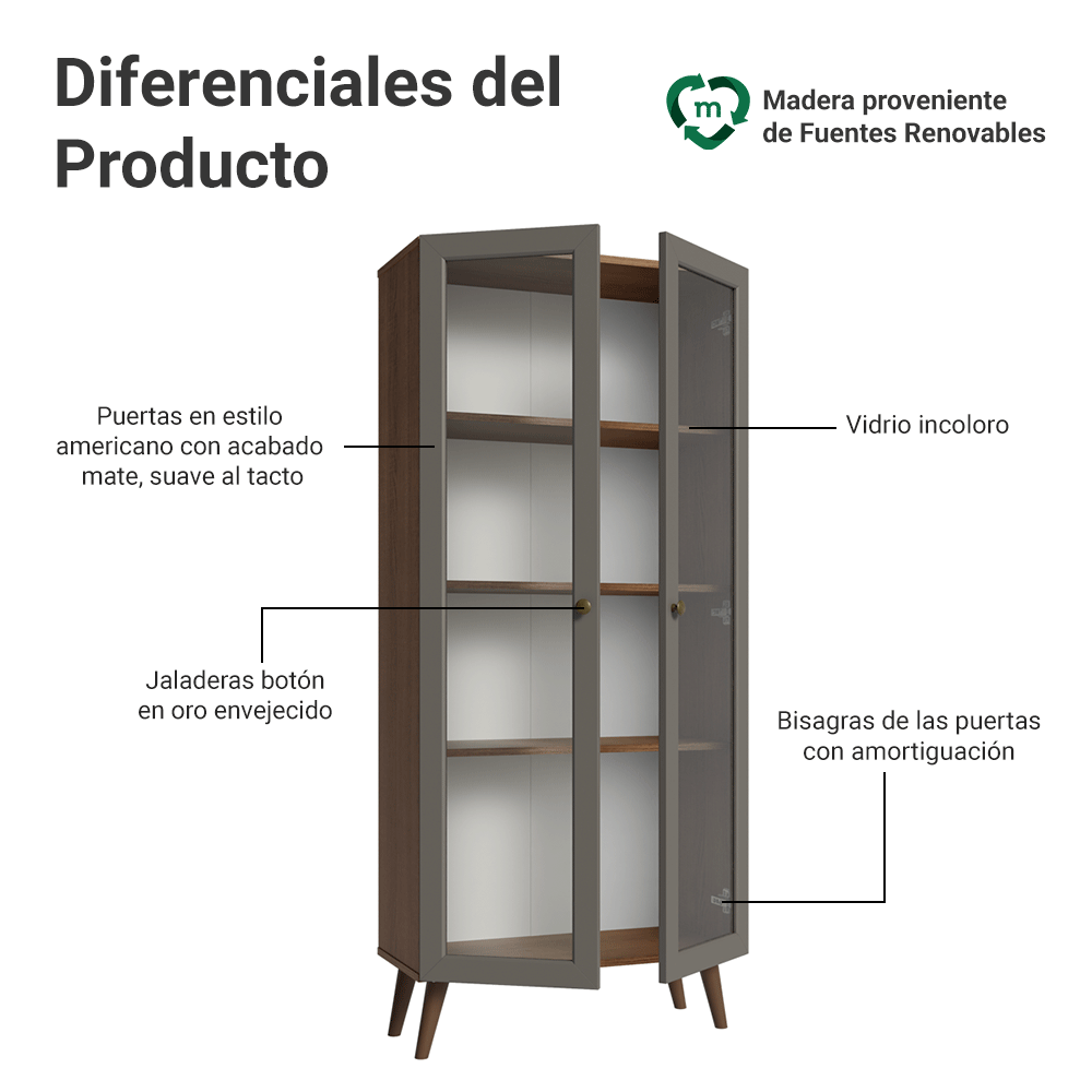 Cristalero 70 cm 2 Puertas de Vidrio con Patas Vik Marrón/Gris/Marrón
