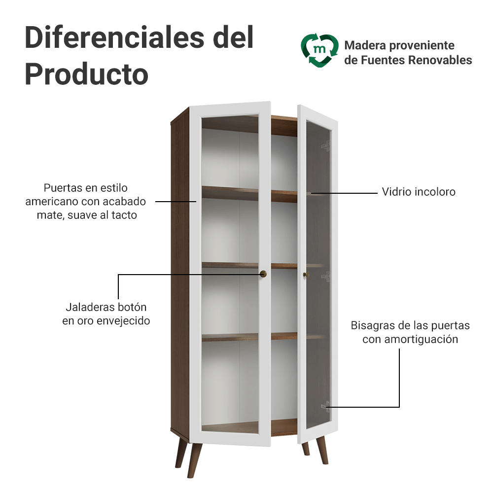 Cristalero 70 cm 2 Puertas de Vidrio con Patas Vik Marrón/Blanco/Marrón