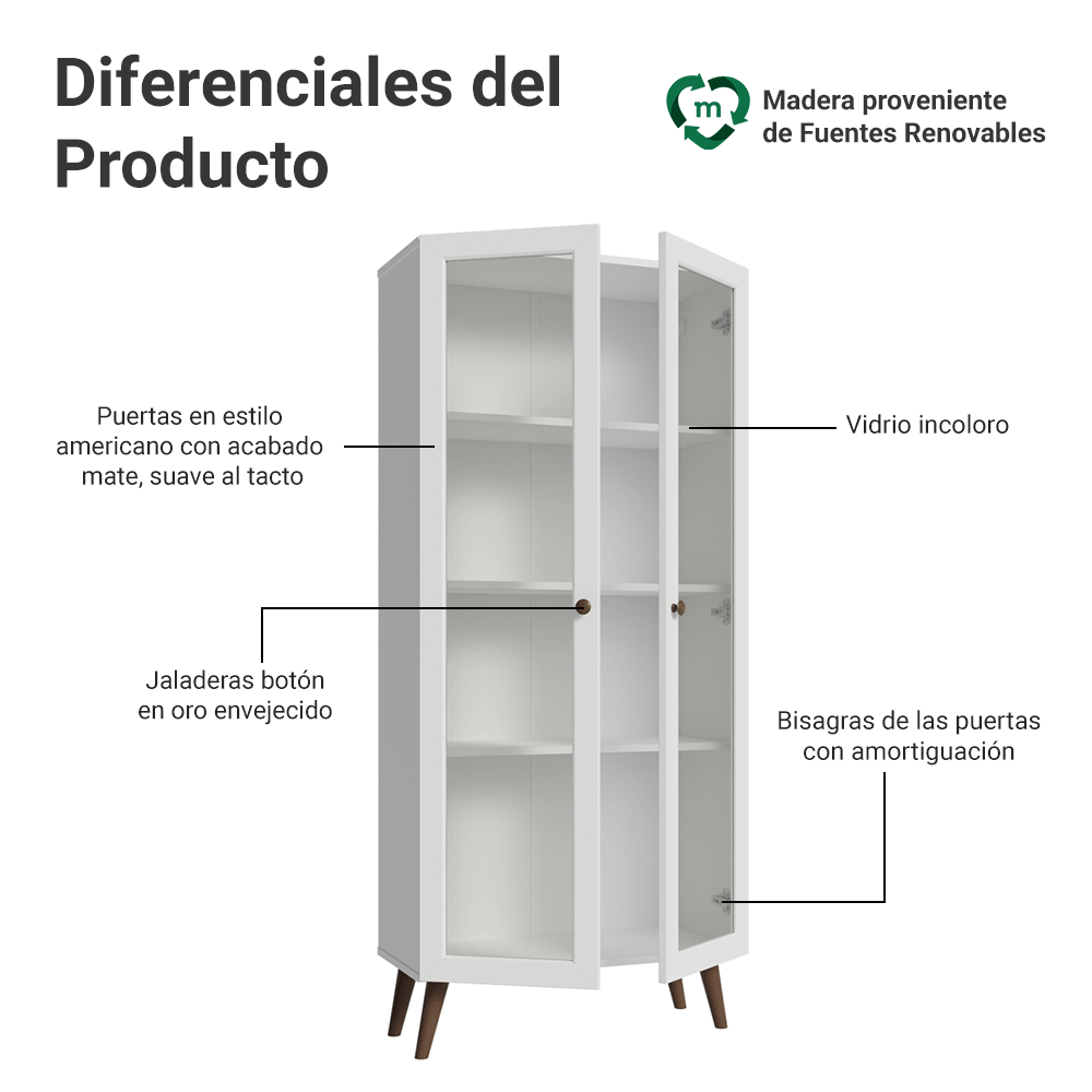 Cristalero 70 cm 2 Puertas de Vidrio con Patas Vik Blanco/Marrón