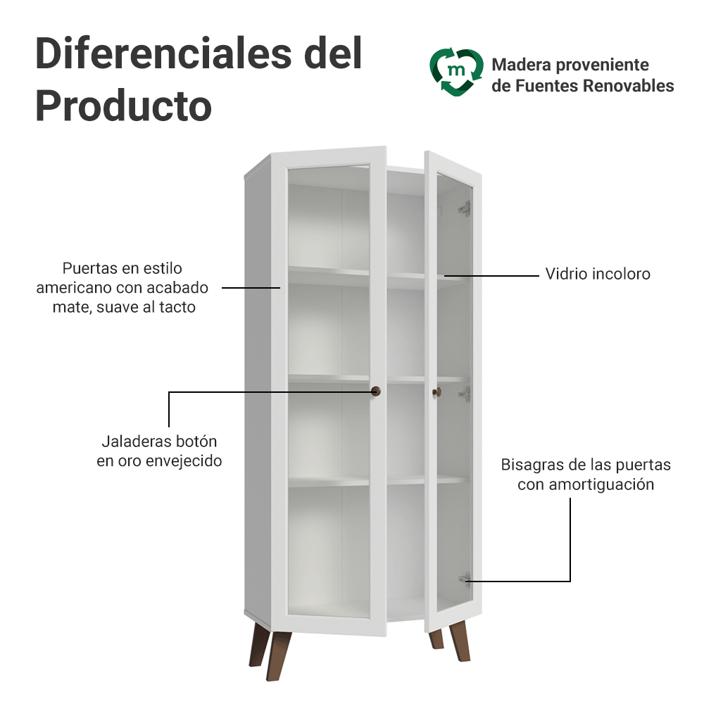Cristalero 70 cm 2 Puertas de Vidrio con Patas Trapecio Vik Blanco/Marrón