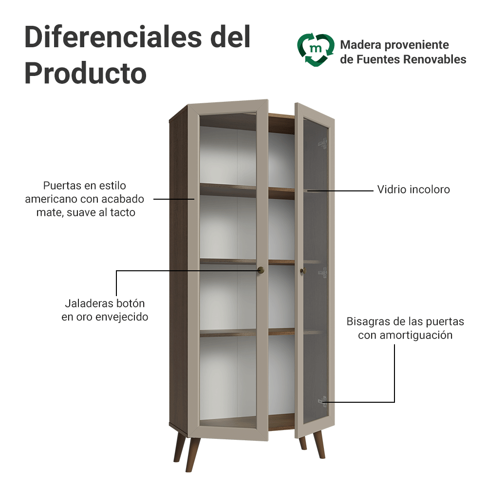 Cristalero 70 cm 2 Puetas de Vidrio con Patas Cónicas Marrón/Crema/Marrón Vik Madesa