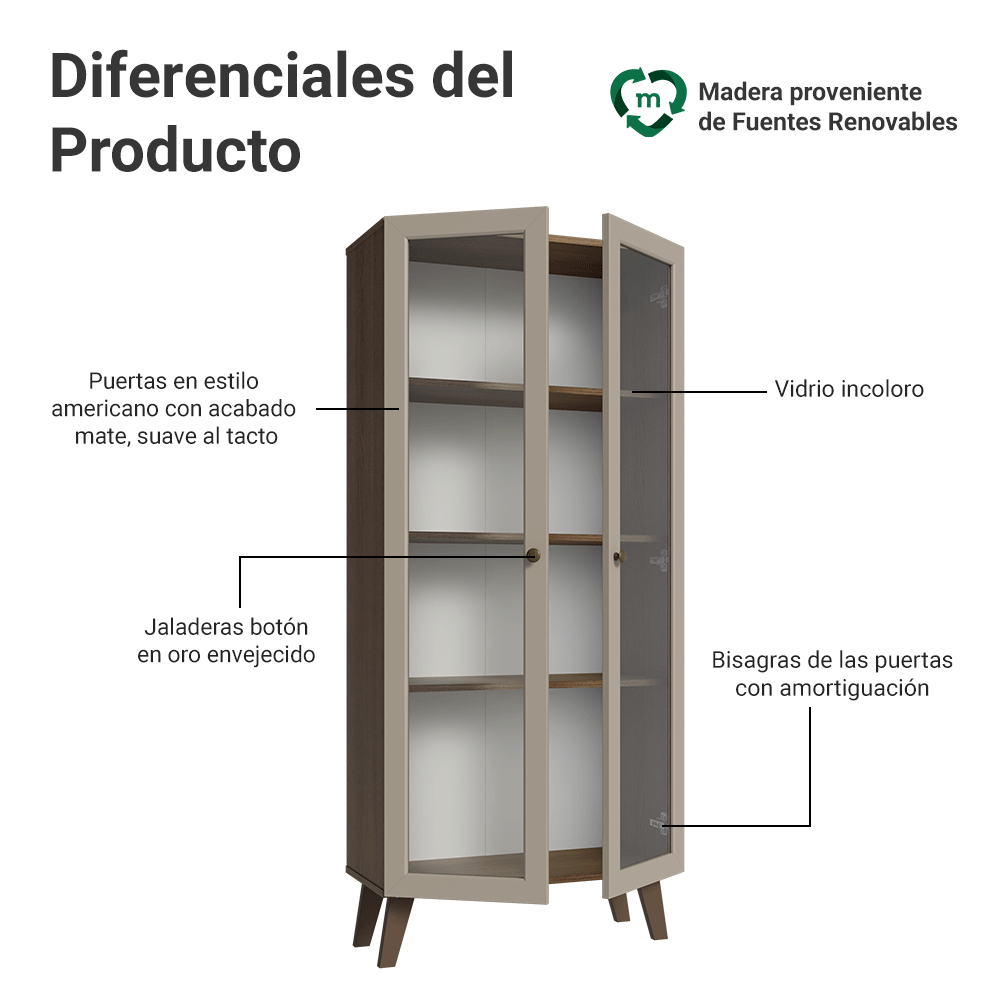 Cristarelo 70 cm 2 Puertas de Vidrio con Patas Trapecio Marrón/Crema/Marrón Vik Madesa