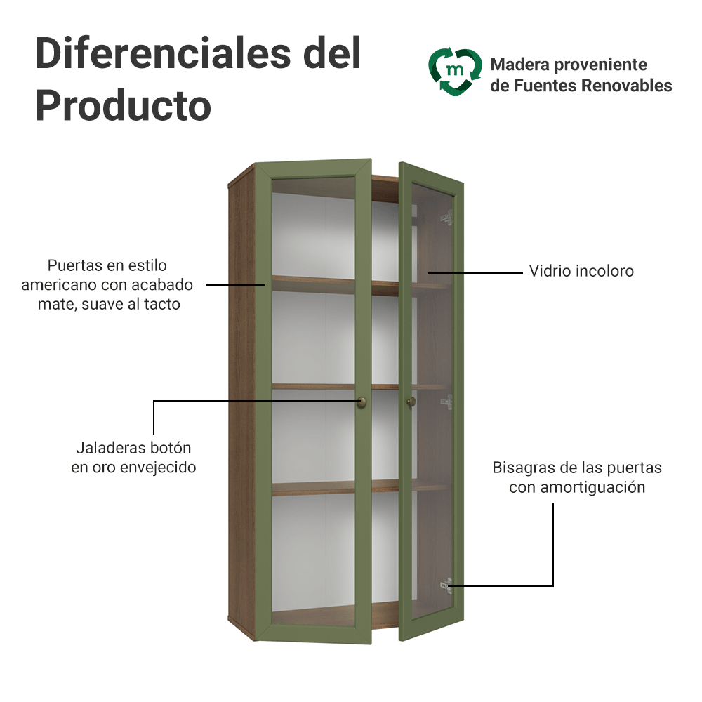 Cristalero Sin Patas 70 cm 2 Puertas de Vidrio Vik Marrón/Verde