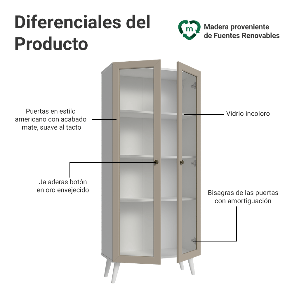 Cristarelo 70 cm 2 Puertas de Vidrio con Patas Cónicos Blanco/Crema/Blanco Vik Madesa
