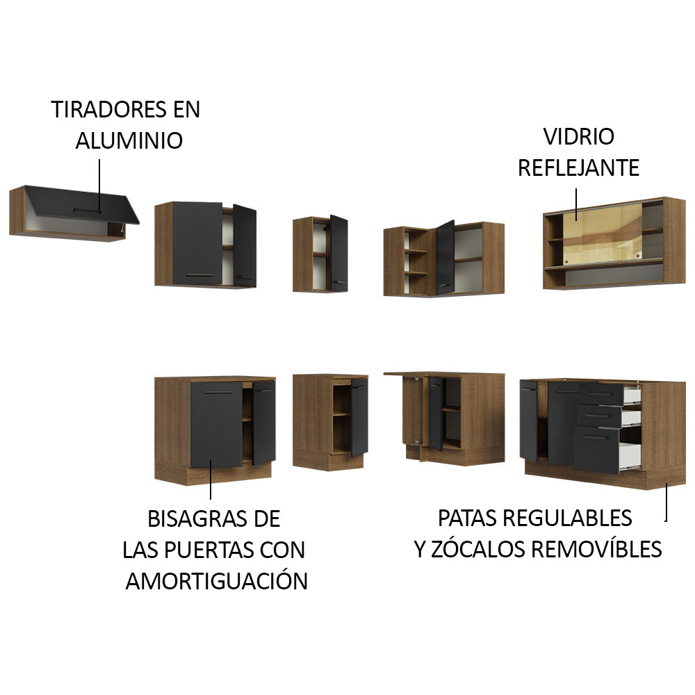 Combo Completo de Cocina Esquinera 486 cm Marrón/Negro 60 cm de Profundidad Agata Madesa 01