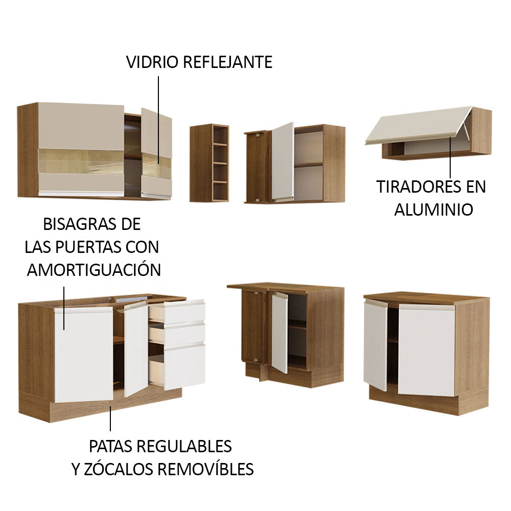 Combo Completo de Cocina Esquinera 349 cm Marrón/Blanco/Crema Glamy Madesa 01