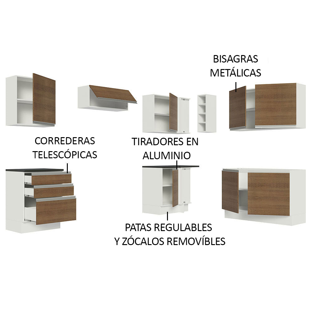 Combo Completo de Cocina Esquinera 100% MDF 409 cm Blanco/Marrón Acordes Madesa 01