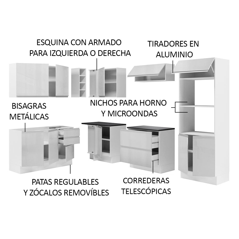 Combo Completo de Cocina Esquinera 100% MDF 419 cm Frentes Blanco Brillante Acordes Madesa 03