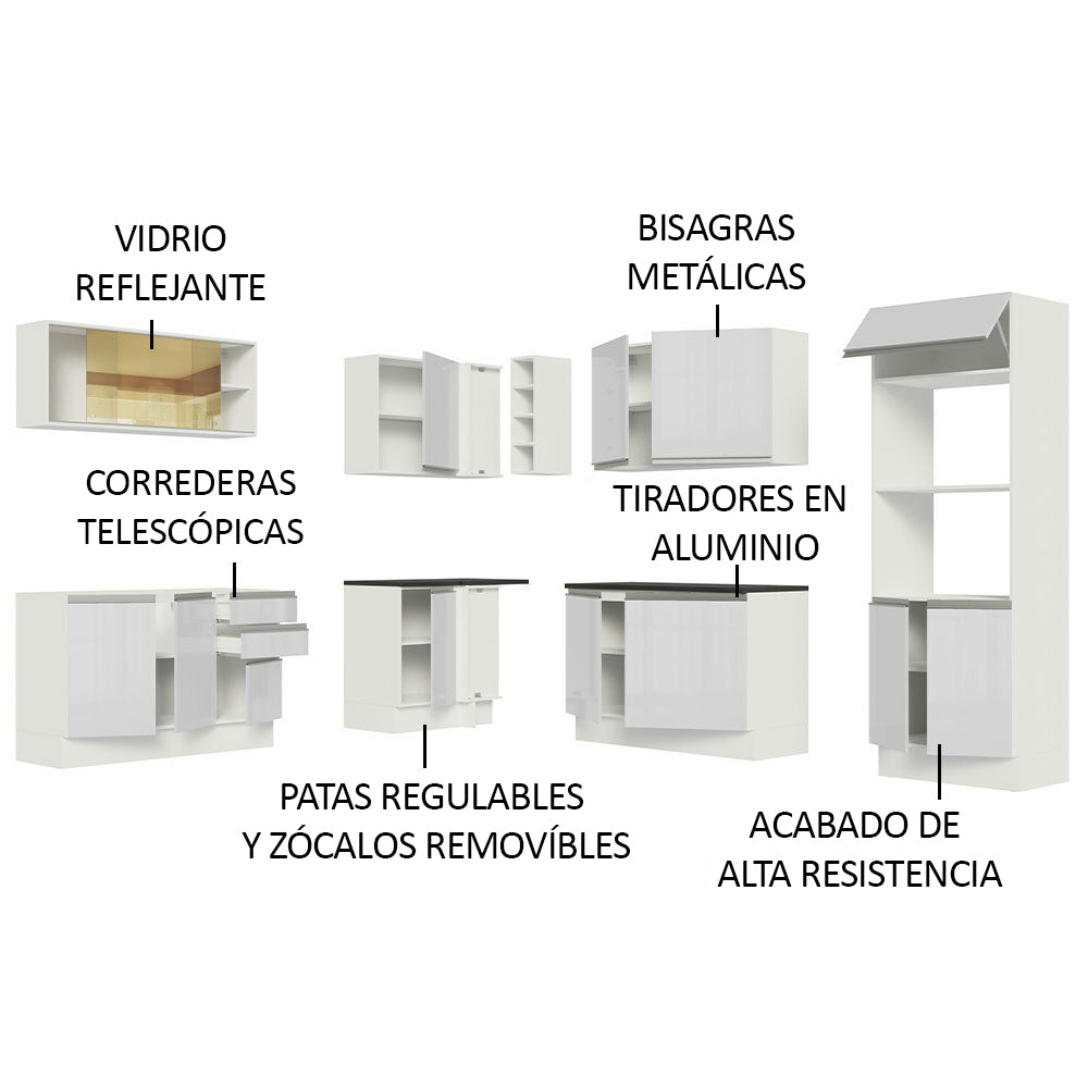Combo Completo de Cocina Esquinera 100% MDF 459 cm Frentes Blanco Brillante Acordes Madesa 01