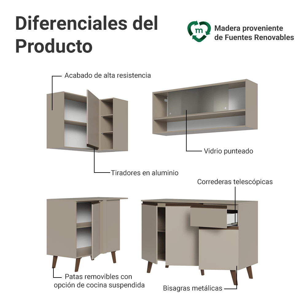 Combo de Cocina Esquinero 265 cm Con Patas Nice Crema 02