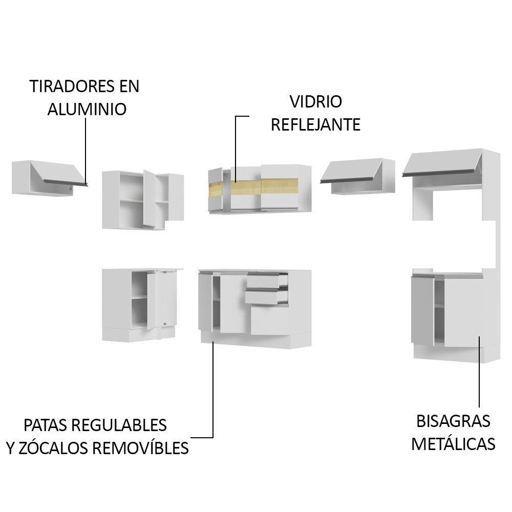 Combo completo de Cocina Esquinera Smart 100% MDF 447 cm 18 Puertas 2 Cajones (Con Mesada) Blanco Madesa