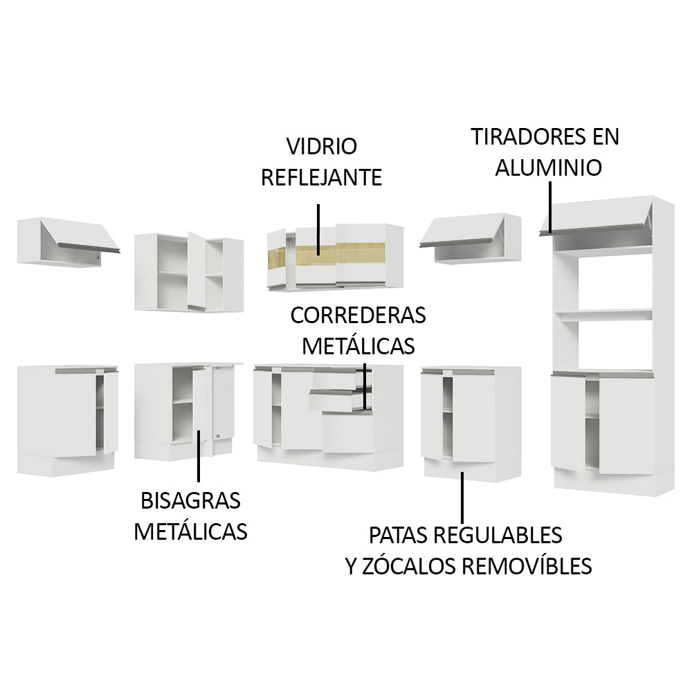 Combo Completo de Cocina Esquinera 100% MDF 447 cm Frentes Blanco Smart Madesa 02