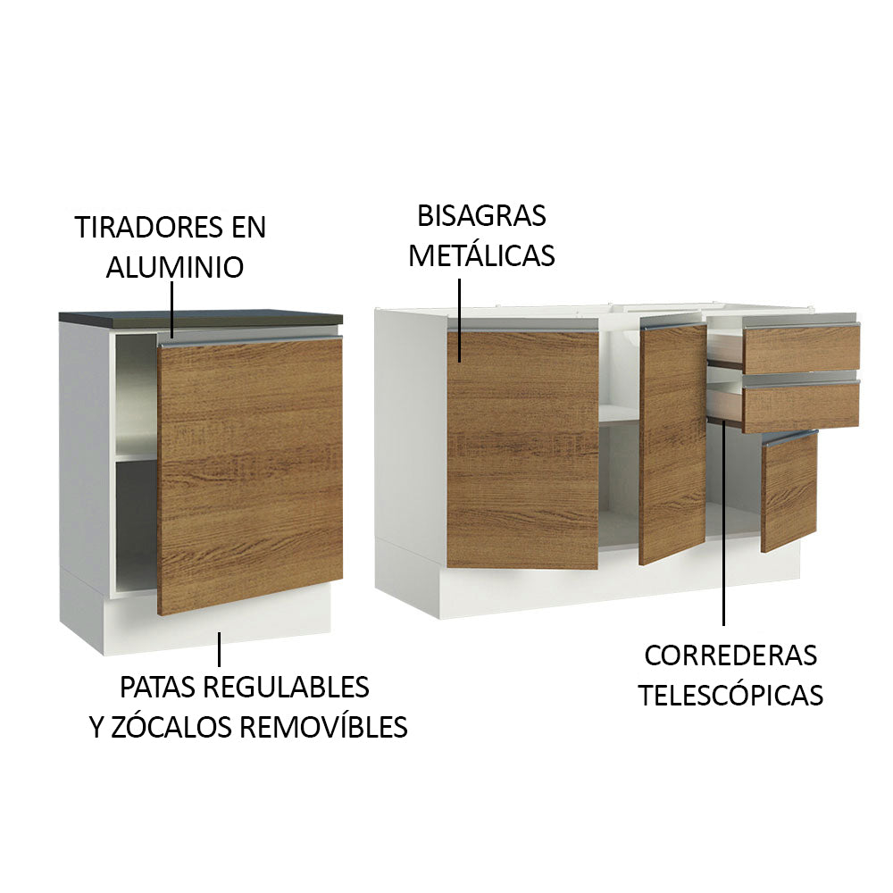 Combo con 2 Bajos Mesadas de Cocina Madesa Acordes 100% MDF (Sin Mesada y Bacha) Blanco/Marrón