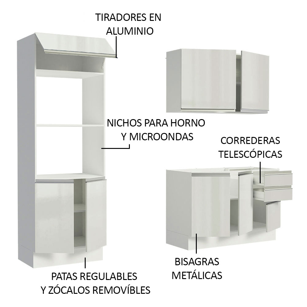 Cocina Compacta 100% MDF 190cm Puetas Blanco Brillante Acordes Madesa 01