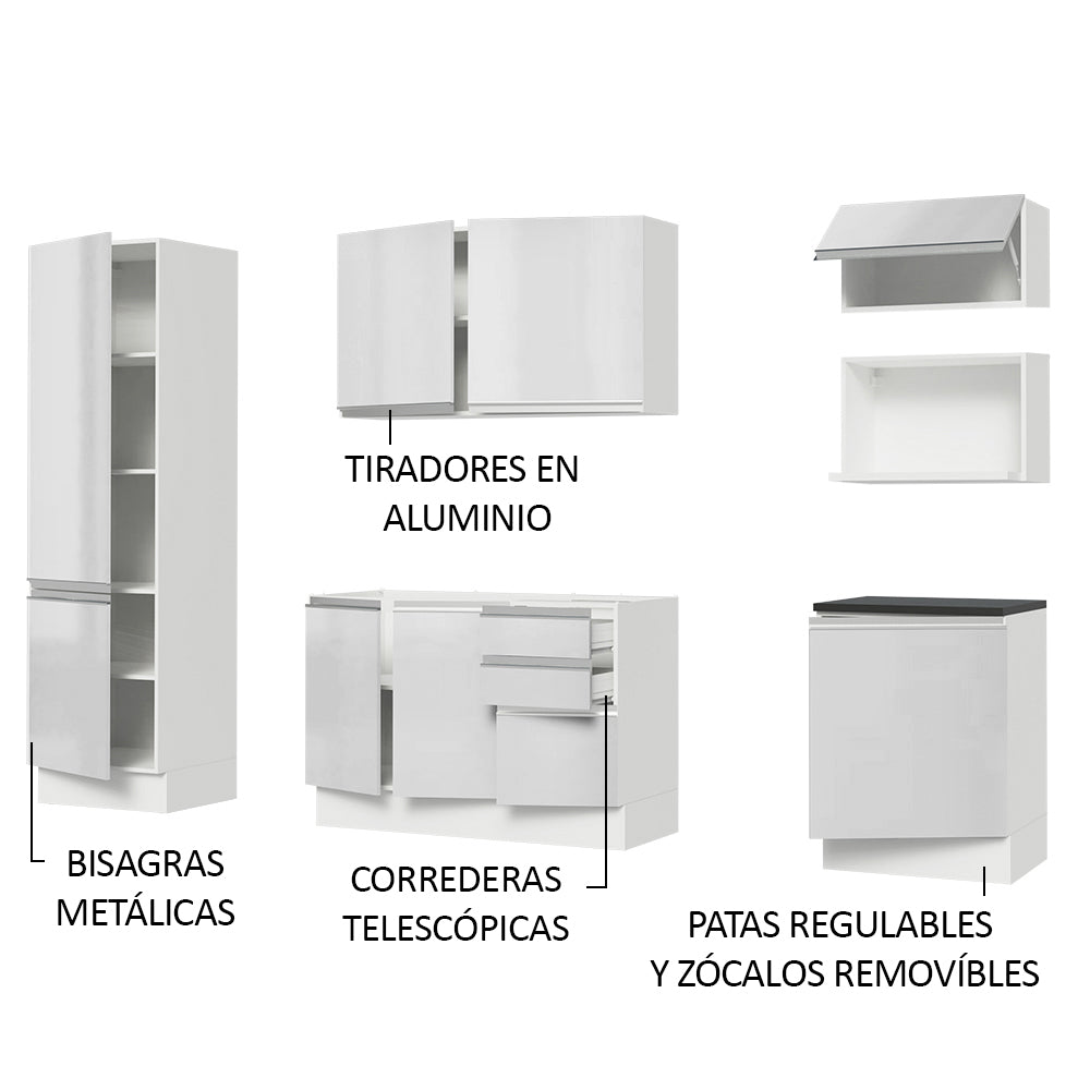 Combo Completo de Cocina 100% MDF 240 cm Frentes Blanco Brillante Acordes Madesa 01