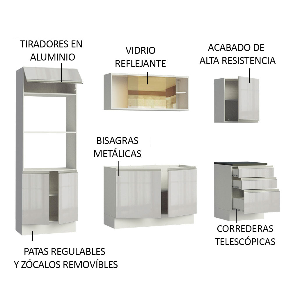 Combo Completo de Cocina 100% MDF 250 cm Frentes Blanco Brillante Acordes Madesa 01