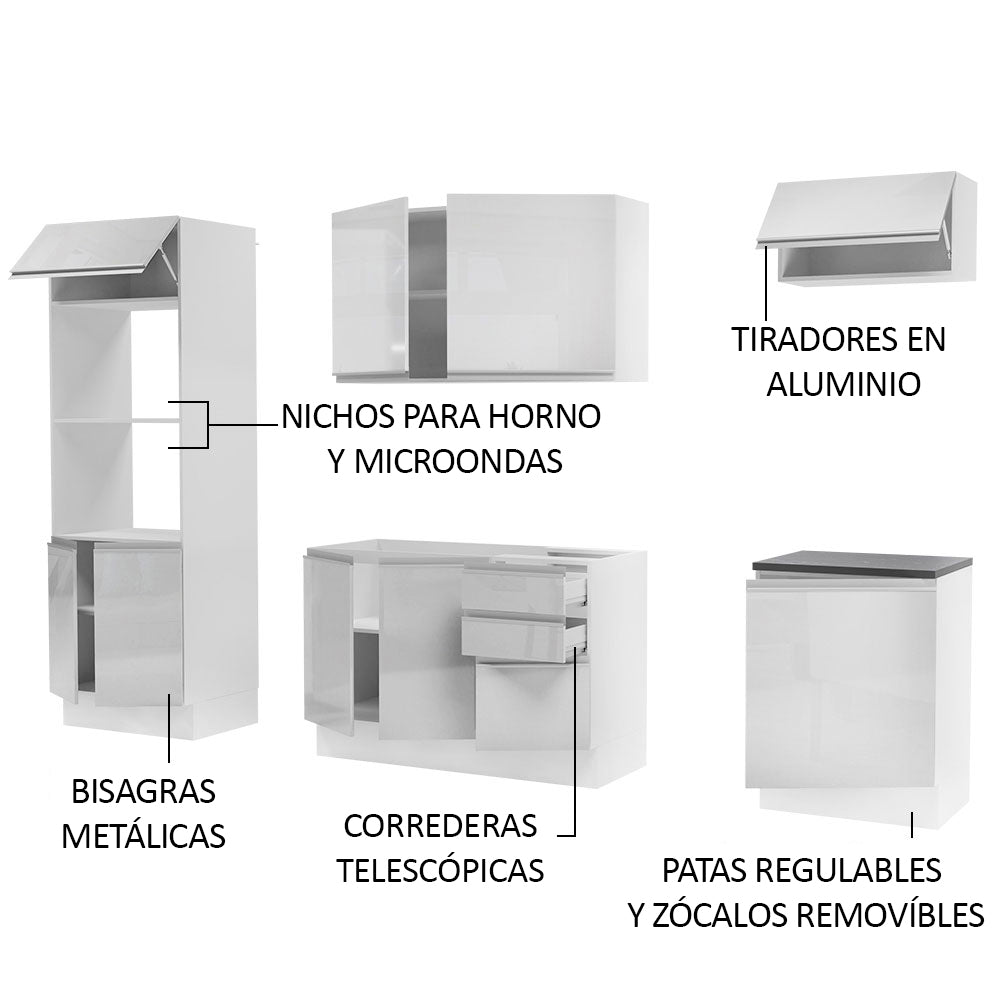 Combo Completo de Cocina 100% MDF 250 cm Frentes Blanco Brillante Acordes Madesa 03