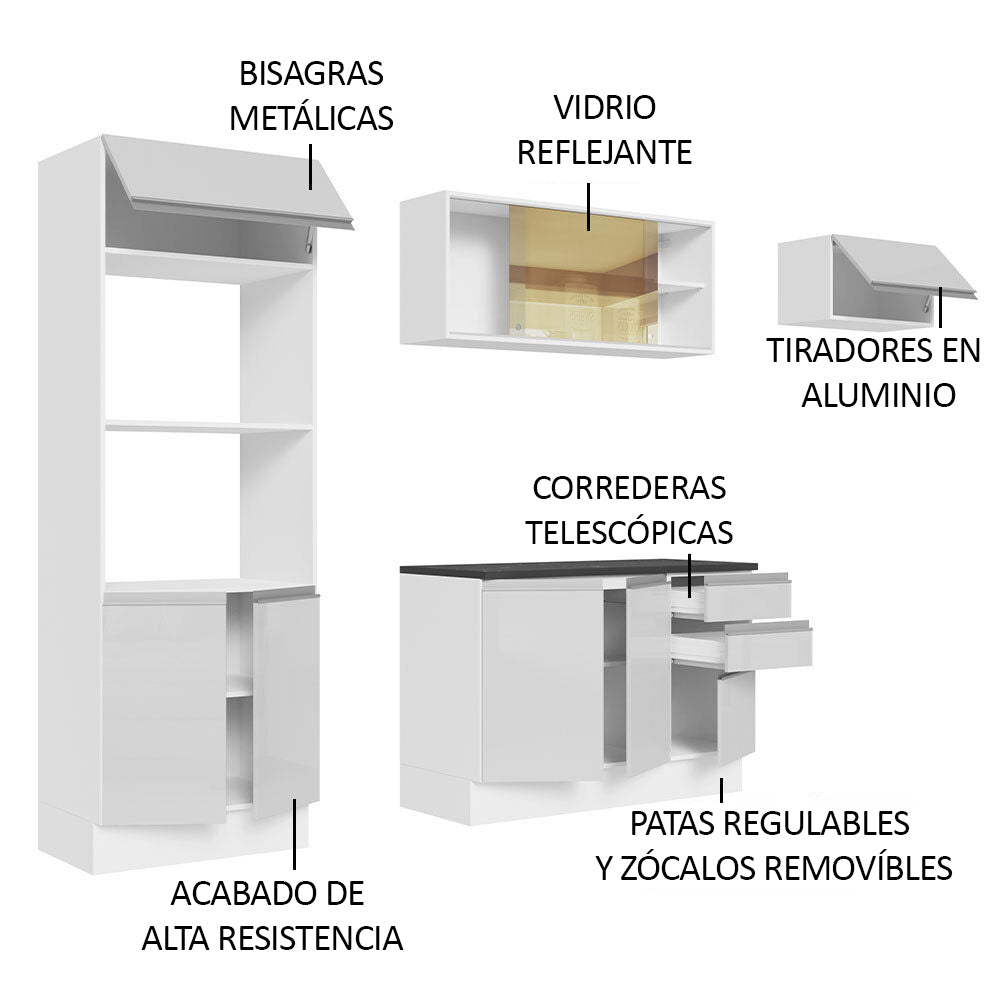 Combo Completo de Cocina 100% MDF 250 cm Frentes Blanco Brillante Acordes Madesa 04