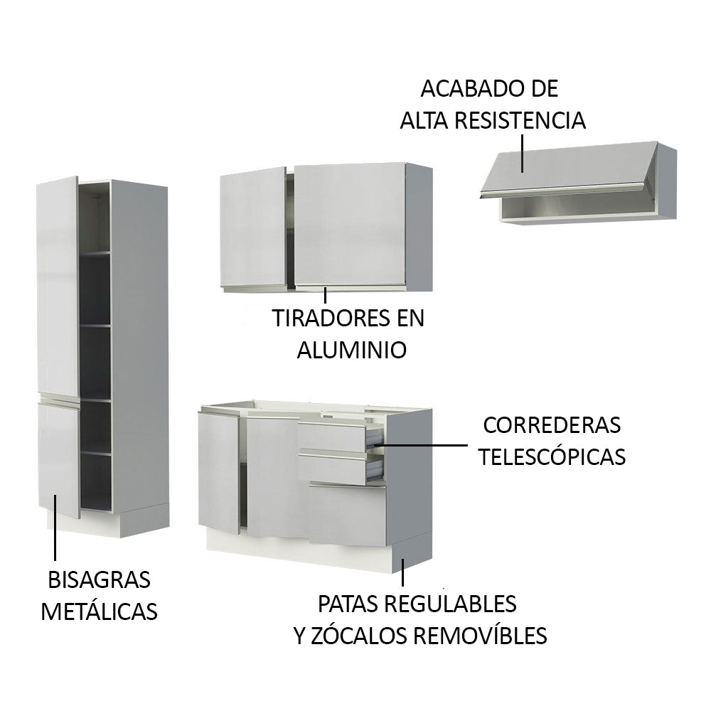 Cocina Compacta 100% MDF 260 cm Puetas Blanco Brillante Acordes Madesa 02