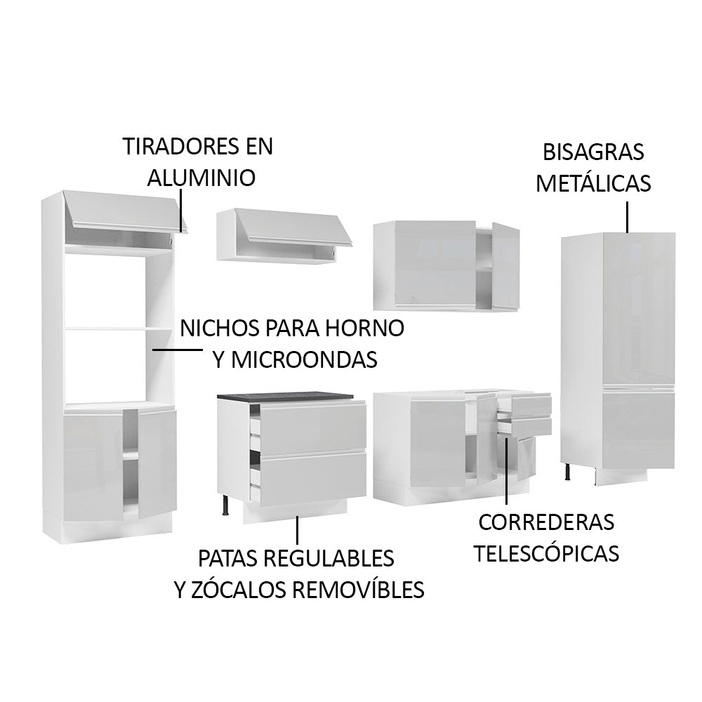 Combo Completo de Cocina 100% MDF 330 cm Frentes Blanco Brillante Acordes Madesa 05