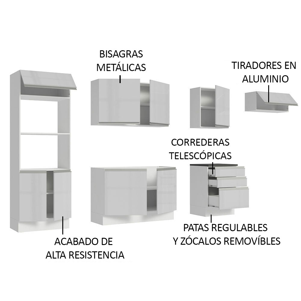 Combo Completo de Cocina 100% MDF 330 cm Frentes Blanco Brillante Acordes Madesa 06