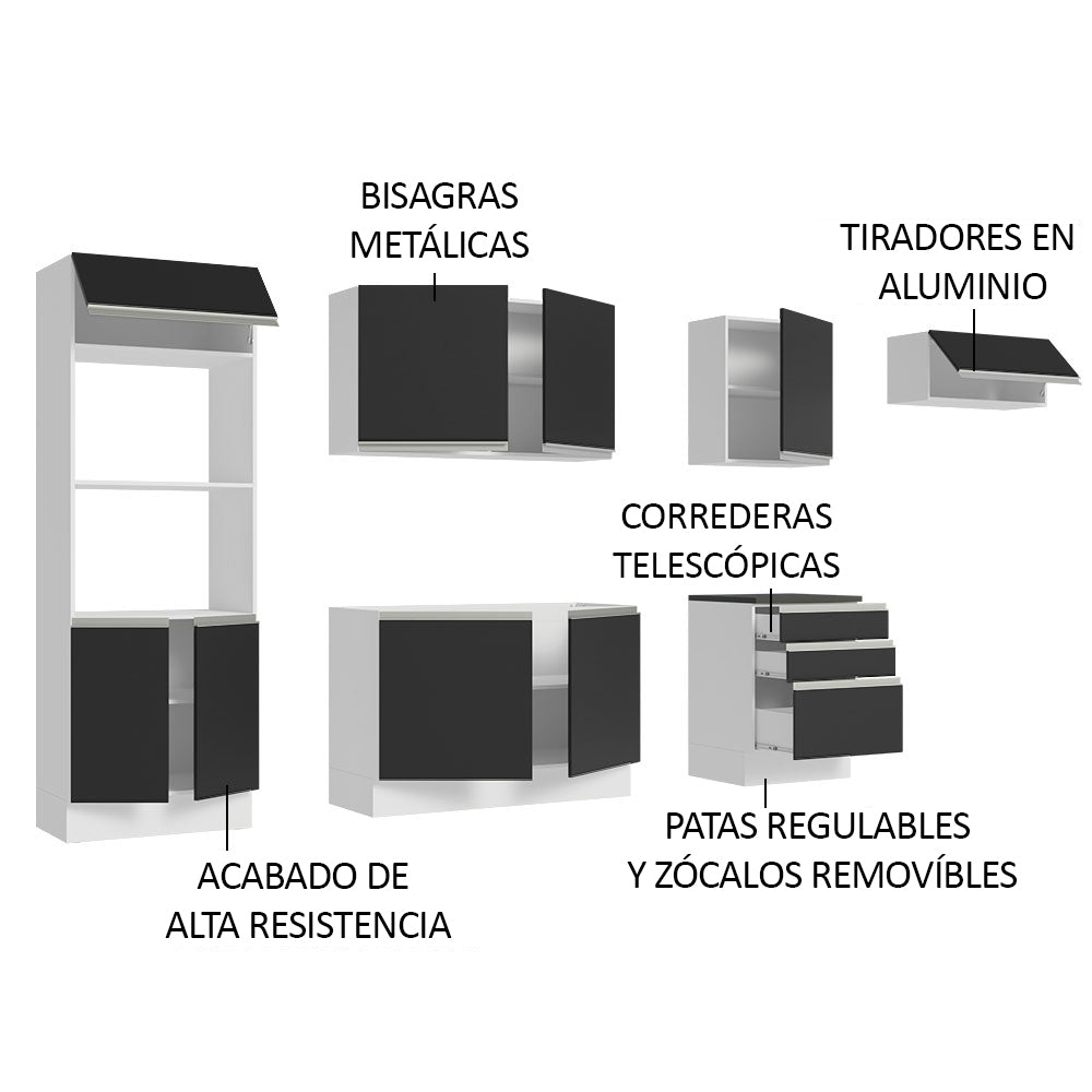 Combo Completo de Cocina 100% MDF 330 cm Blanco/Negro Acordes Madesa 06